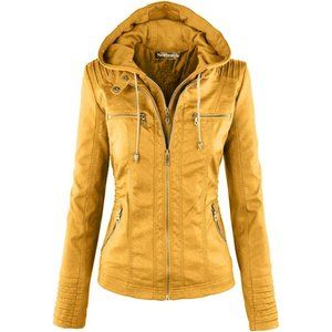 Women Hooded Faux Leather Zipper Motorcyle Jacket